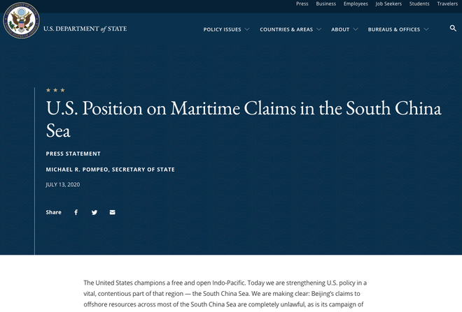 Tuyên bố về Lập trường của Mỹ liên quan đến các yêu sách biển ở Biển Đông trên trang web Bộ Ngoại giao Mỹ /// Chụp màn hình