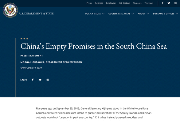Mỹ chỉ trích: Tại Mỹ năm 2015, Trung Quốc hứa không quân sự hóa Trường Sa chỉ là hứa suông - Ảnh 1.