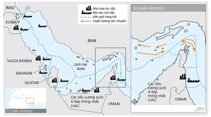 Vai trò eo biển Hormuz - Nguồn: RFE/RL - Dữ liệu: Minh Khôi - Đồ họa: N.Kh.