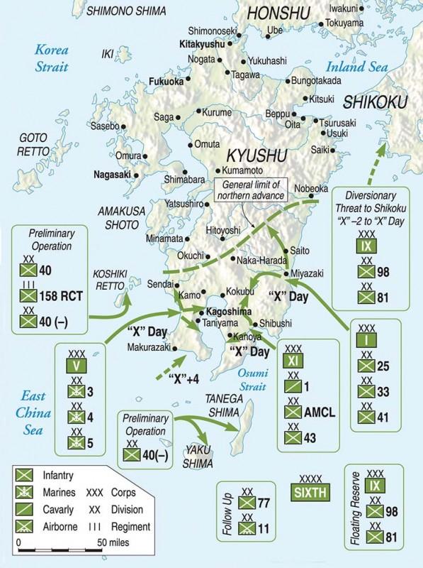 Những địa điểm đổ bộ chính của quân Mỹ trên đảo Kyushu. Các tài liệu tình báo được giải mật gần đây cho thấy người Nhật đã không chuẩn bị tốt. Ảnh nguồn: Warfare History Network.