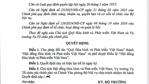 Quyết định số 206/QĐ-BNV về việc đổi tên thành Hội đồng Hòa bình và Phát triển Việt Nam